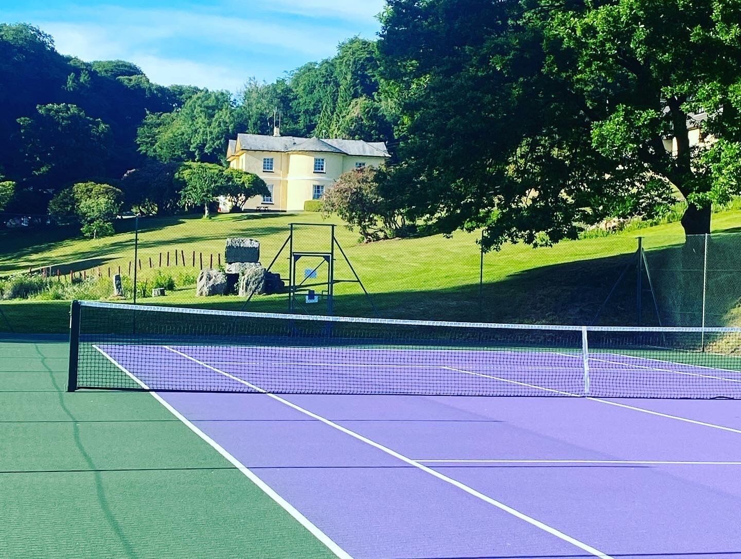 A tennis court with a net, surrounded by a green lawn and trees.