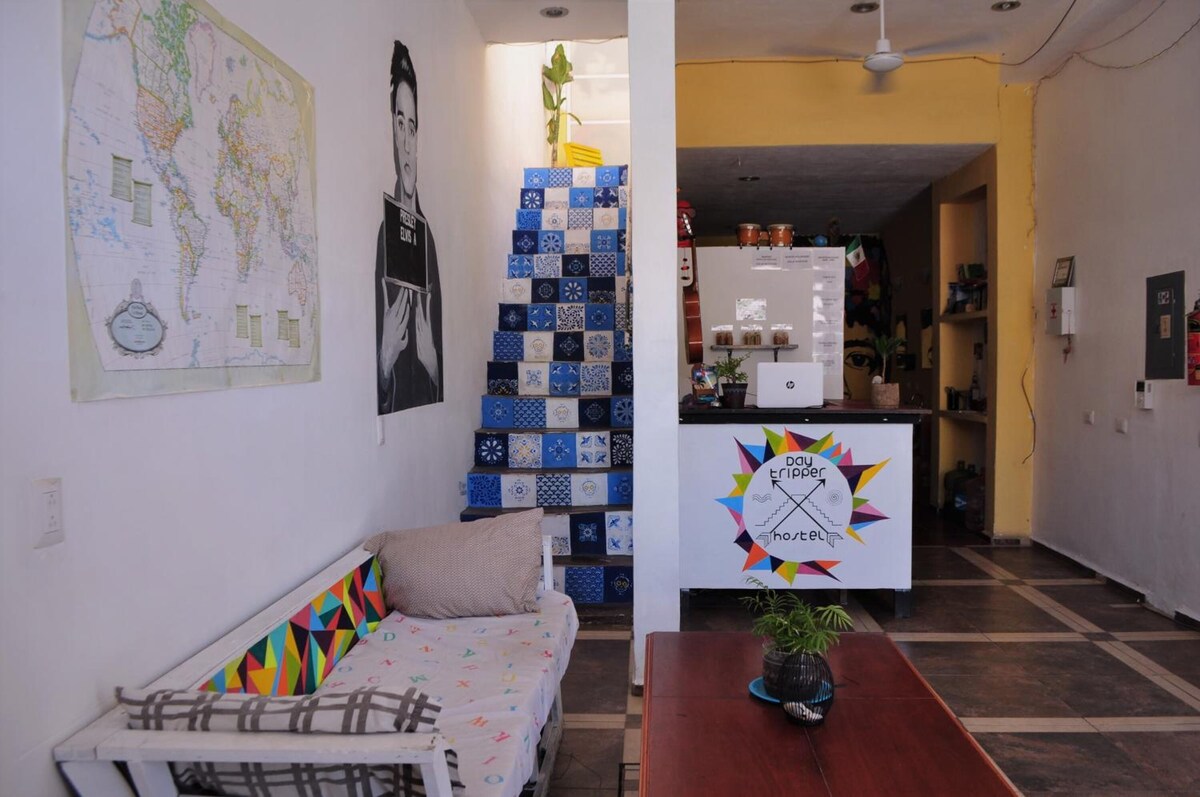 receving area of Day tripper Tulum Hostel Mexico with wall paintings and small sofa