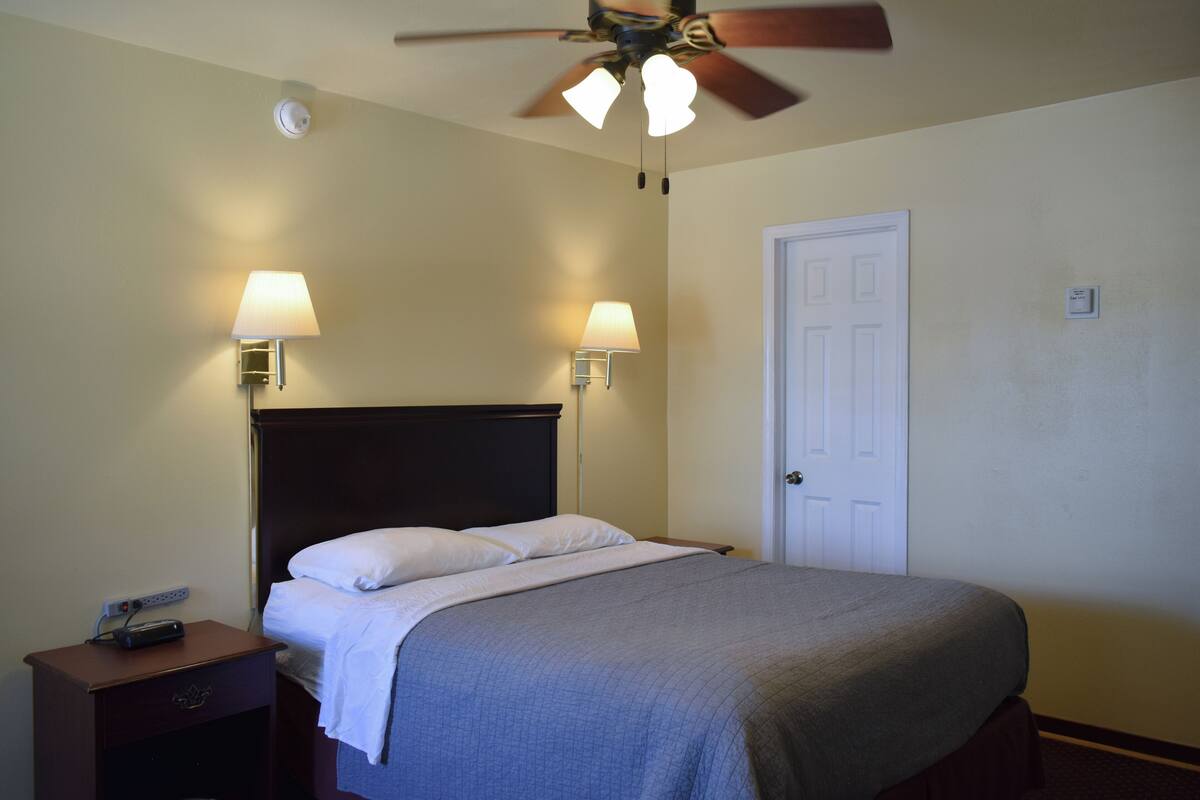 A neatly made bed with a dark headboard, two wall-mounted lamps, a ceiling fan, and a white door.