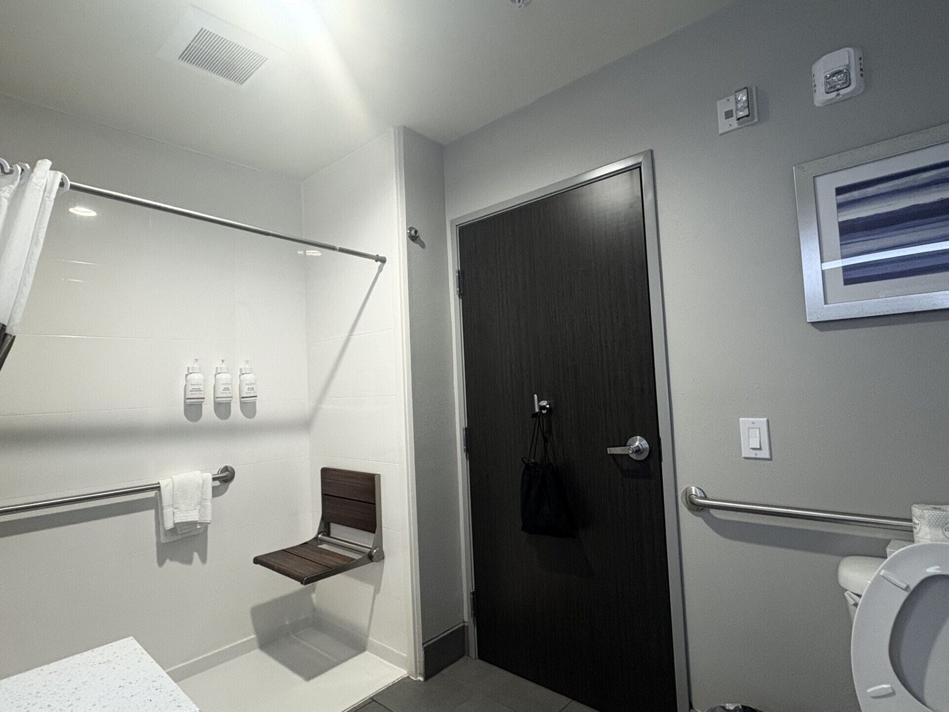 Un baño moderno con ducha, inodoro y perchero para toallas.