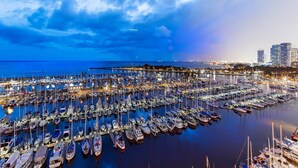 Un port de plaisance où sont amarrés de nombreux bateaux, une jetée qui s’avance dans l’eau et, en arrière-plan, le profil de la ville.