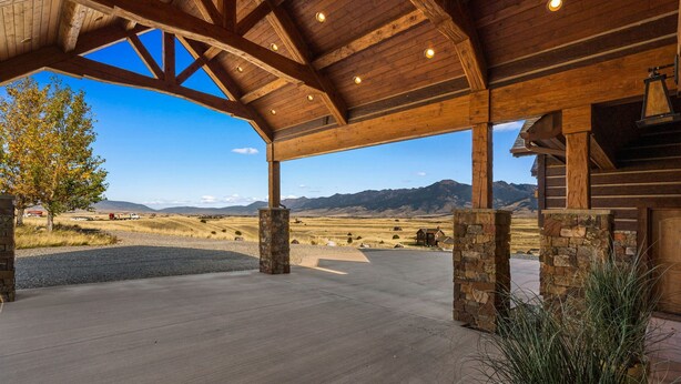 A covered outdoor area with a view of mountains and a clear sky. - Your own private Mountain Lodge - Rugged Montana Views With Year Round Access (Emigrant)