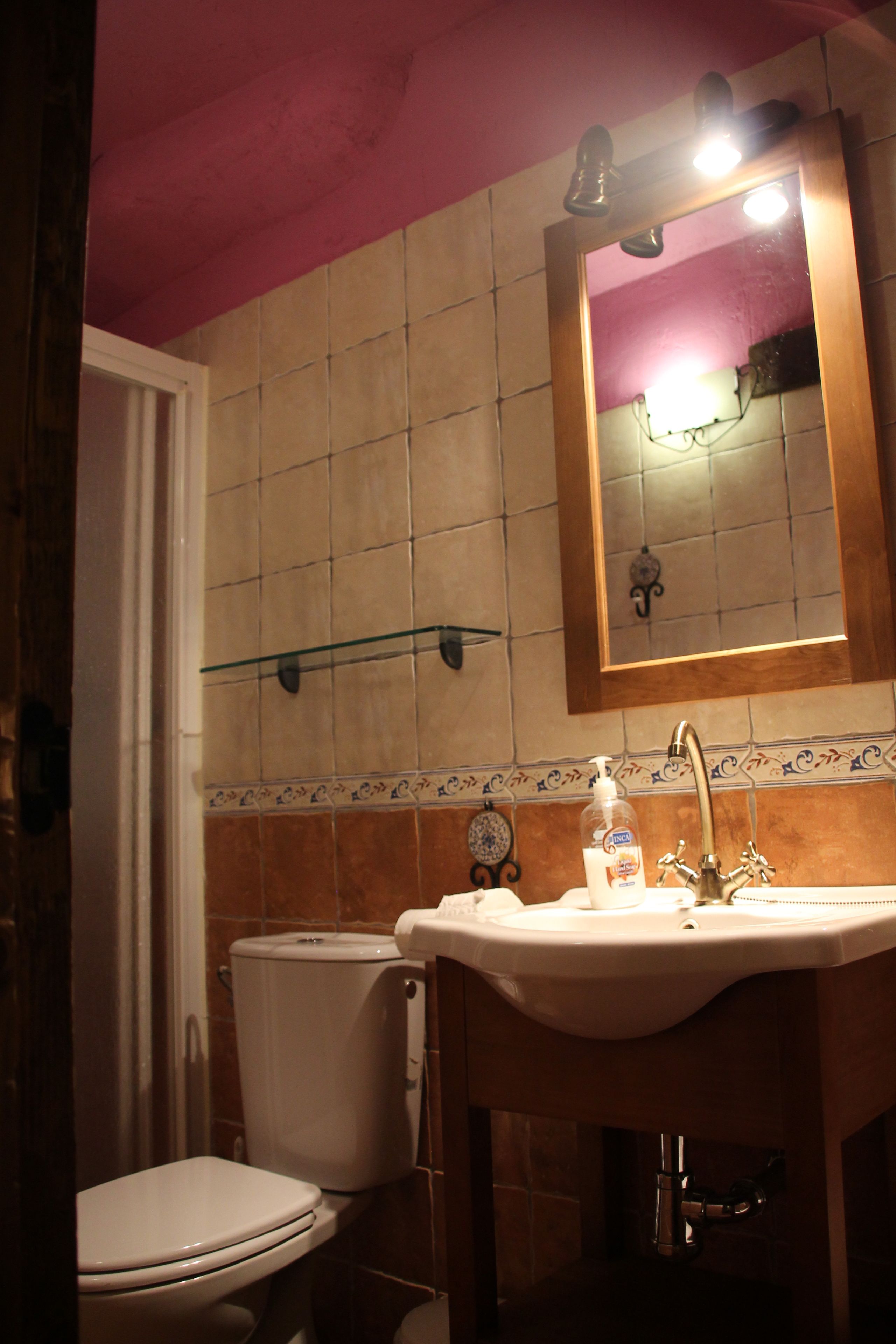 A bathroom with a white toilet, a sink with a mirror above it, and a shower area.