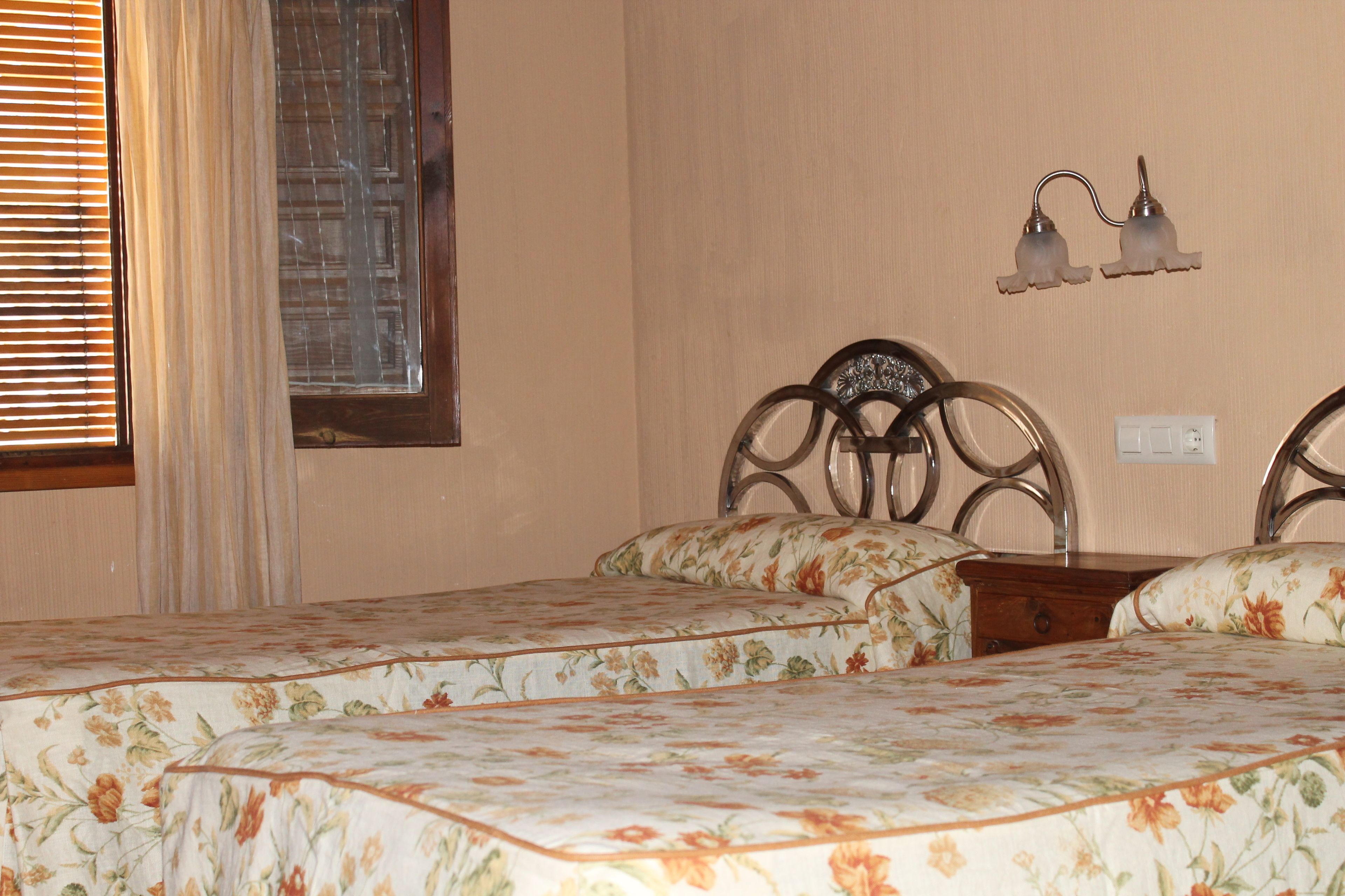Un dormitorio con dos camas, cabeceros de madera, una mesita de noche y un aplique de pared.