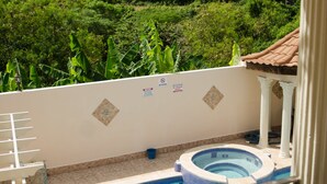 Une piscine offrant une vue sur une végétation luxuriante et un ciel nuageux.