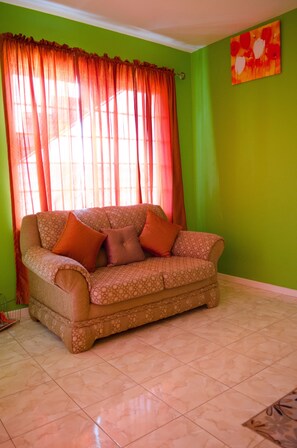 A living room with a patterned sofa, a red curtain, and a green wall.