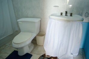 A bathroom with a toilet, a sink with a white curtain, and a trash bin.