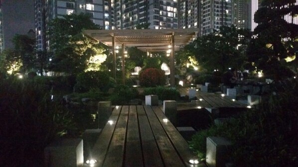 A nighttime outdoor area with a wooden deck, a pergola, and illuminated plants.