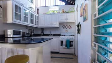 Full-sized fridge, microwave, stovetop, dishwasher