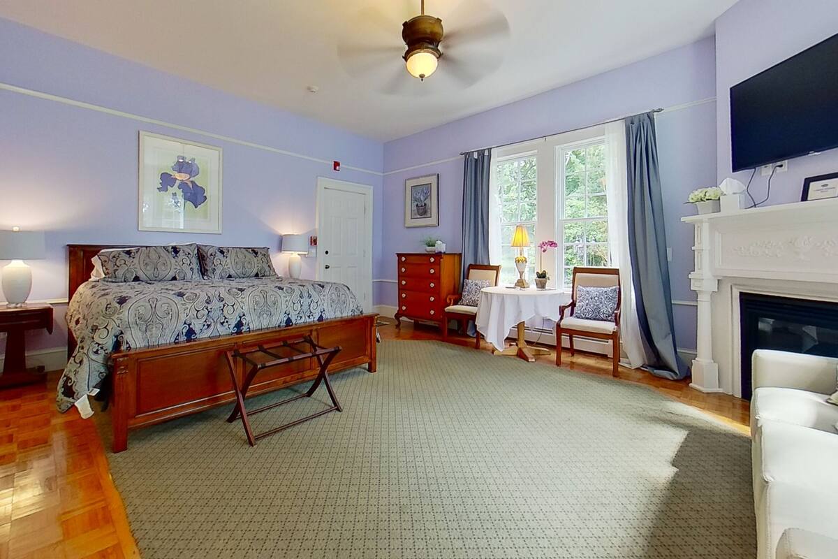 Une chambre à coucher comprenant un lit, une commode, une chaise, une table, une cheminée et un téléviseur.