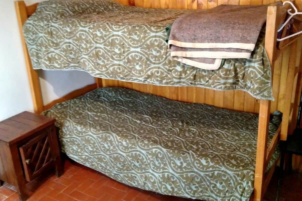 A bunk bed with patterned bedding in a room with wooden walls and a tiled floor.