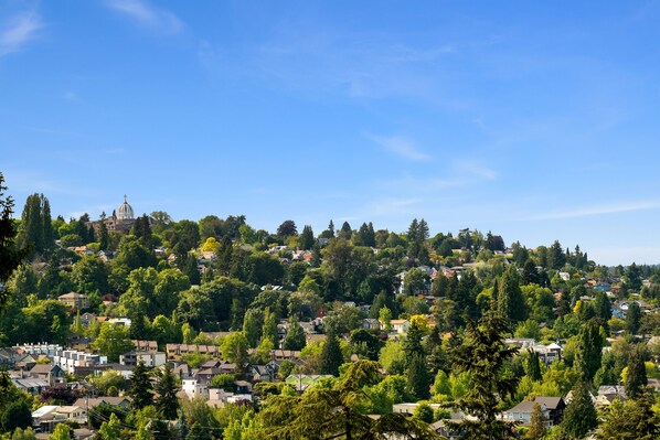 A residential area with houses and a church on a hill. - Seattle Vacation Home: The Campus (Seattle)