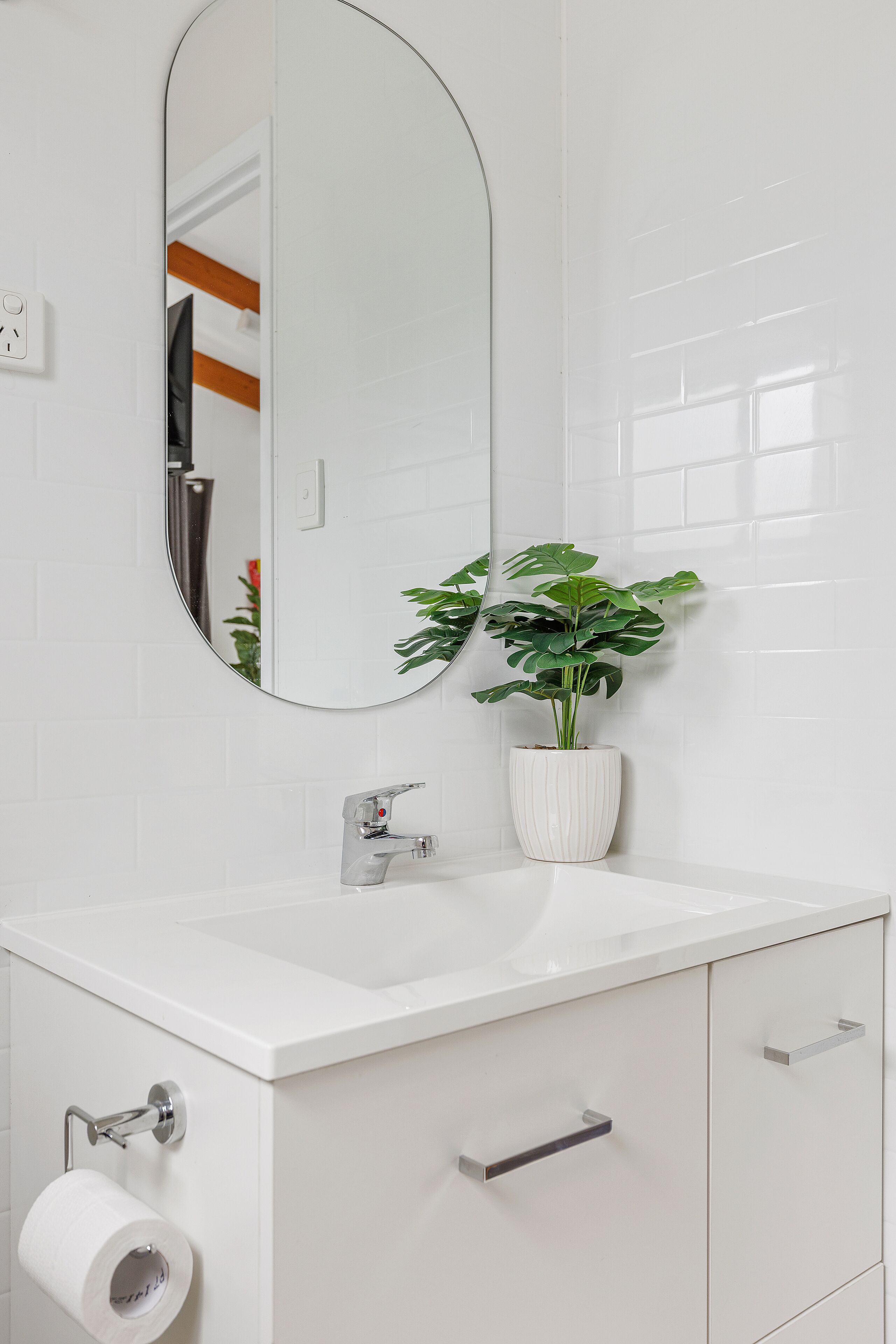 Un baño con lavamanos blanco, espejo, planta en maceta y dispensador de papel higiénico.