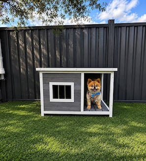 Una caseta pequeña con exterior blanco y gris, una ventana, y un perro usando una pajarita azul.