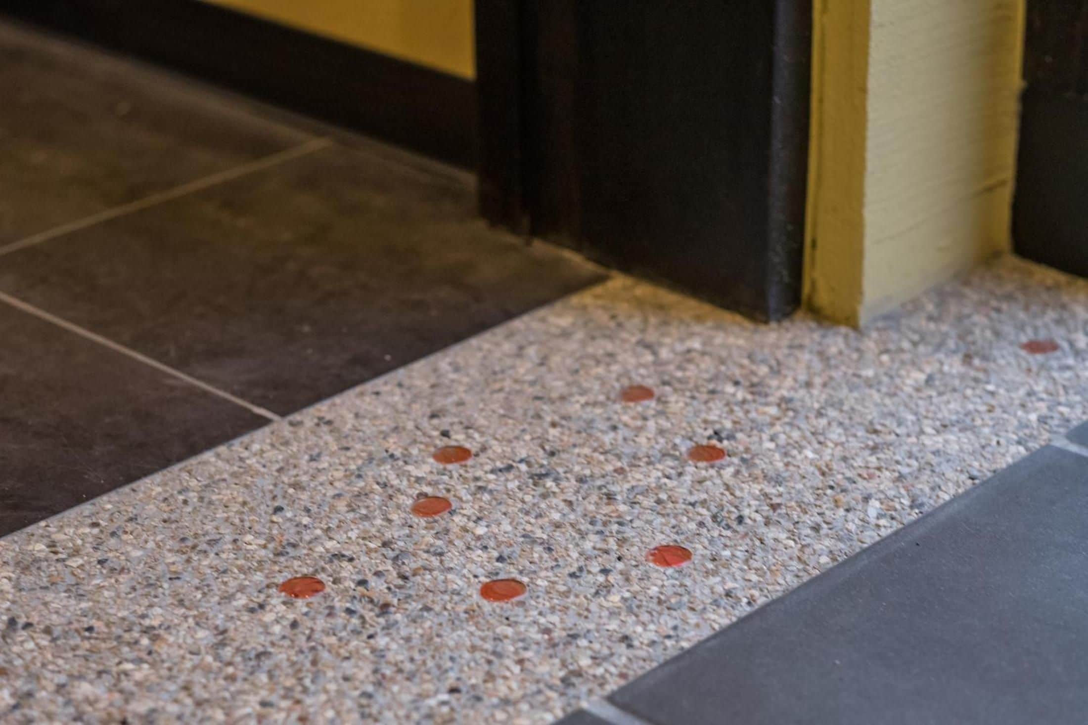 A section of a floor with a patterned tile design and a contrasting dark-colored border.