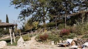 Un espace piscine agrémenté de carreaux de pierre, de chaises longues et d’une pergola en bois.