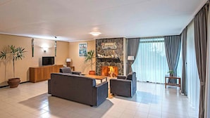 Una sala de estar moderna con chimenea, televisor y un conjunto de sofás.