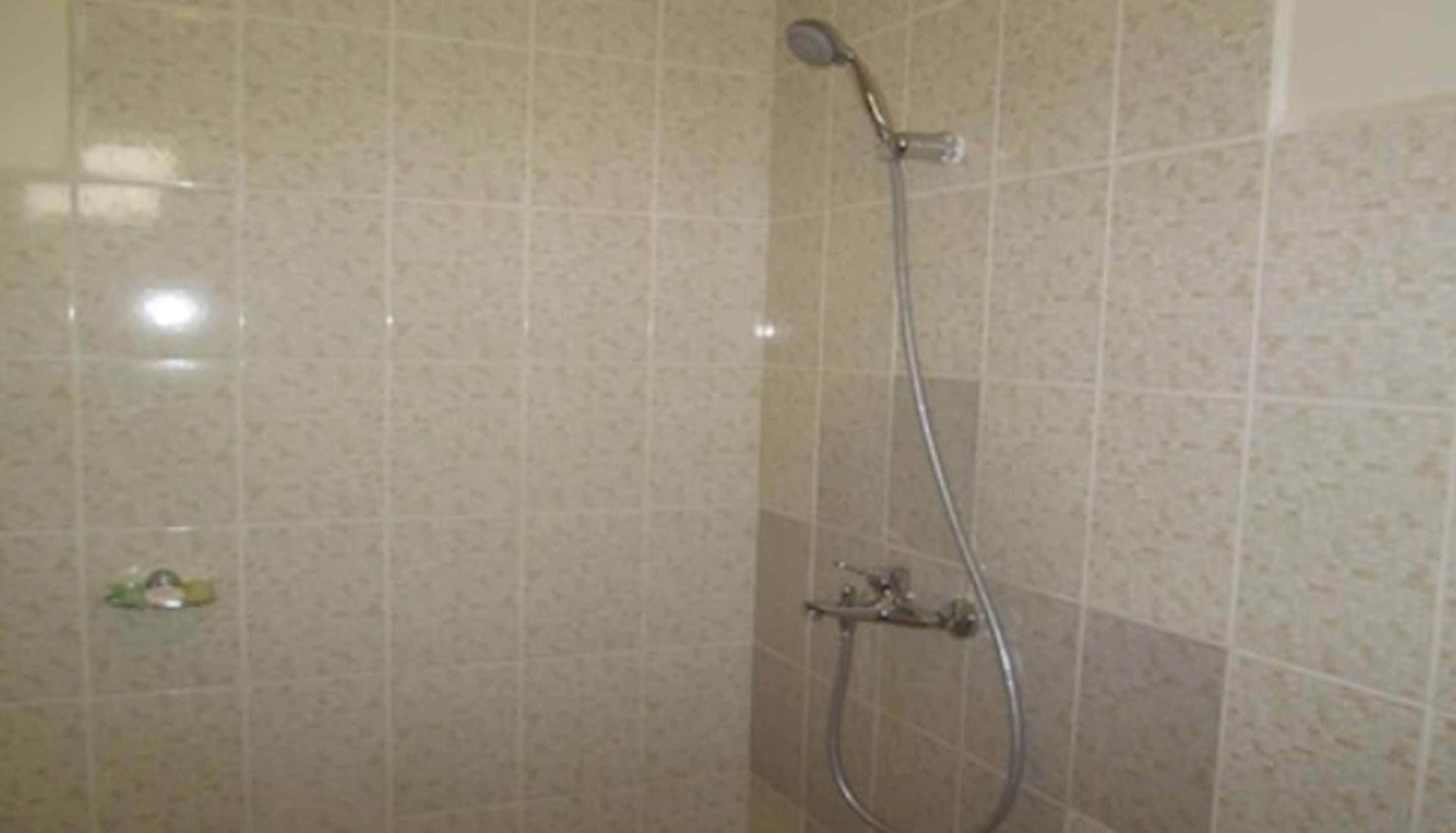 A shower with a handheld showerhead and a wall-mounted faucet.