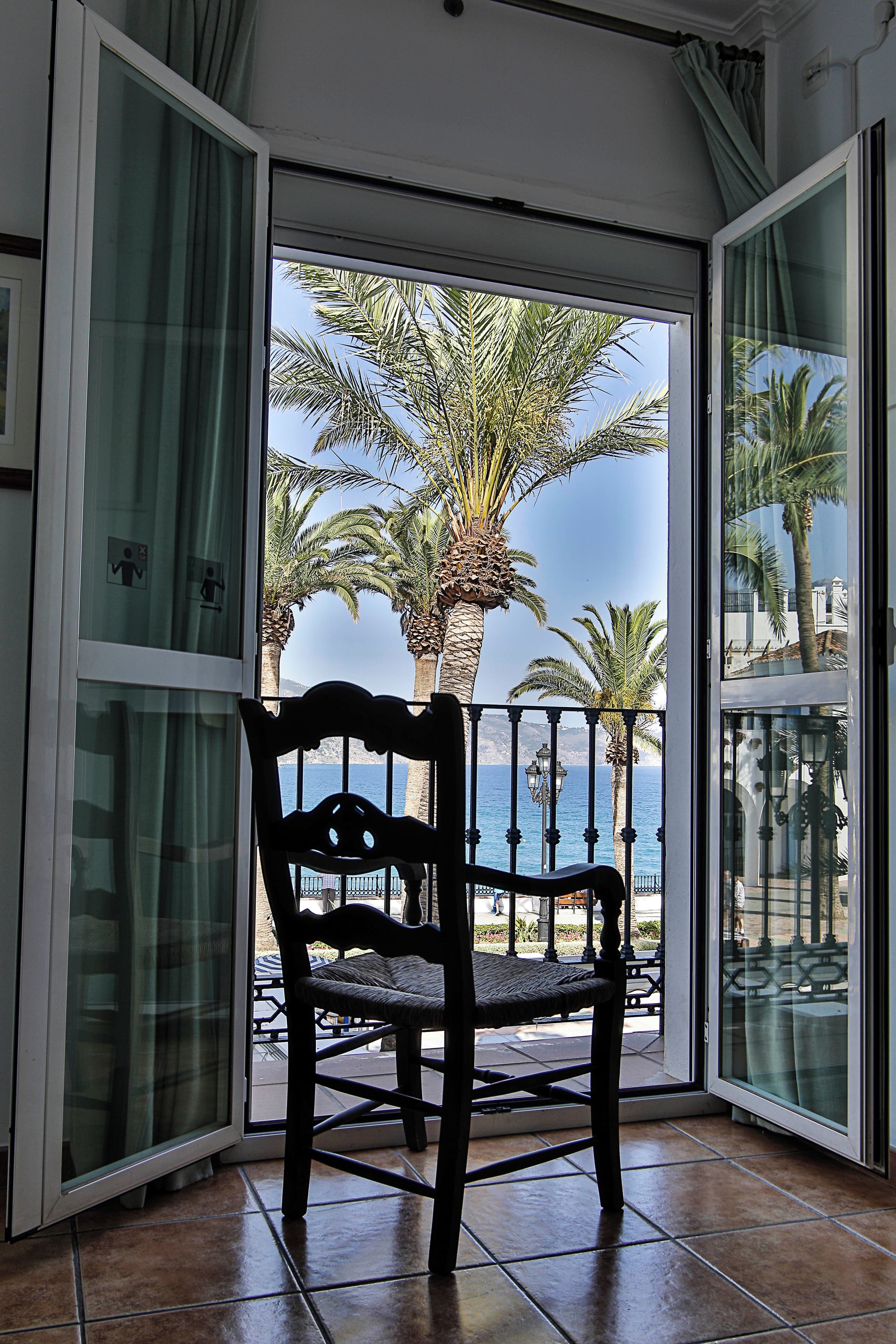 A room with a view of palm trees and the sea through a glass door.