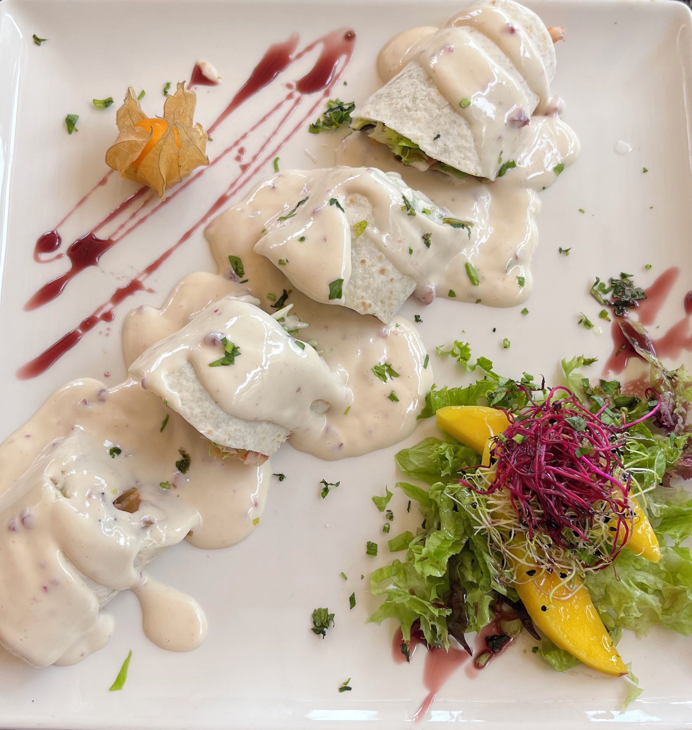 A plate of food with a creamy sauce, green herbs, and a decorative drizzle.