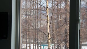 A window with a bare tree in the foreground and a view of a snowy landscape with buildings in the background. - Lodge Romulus (Rusutsu)