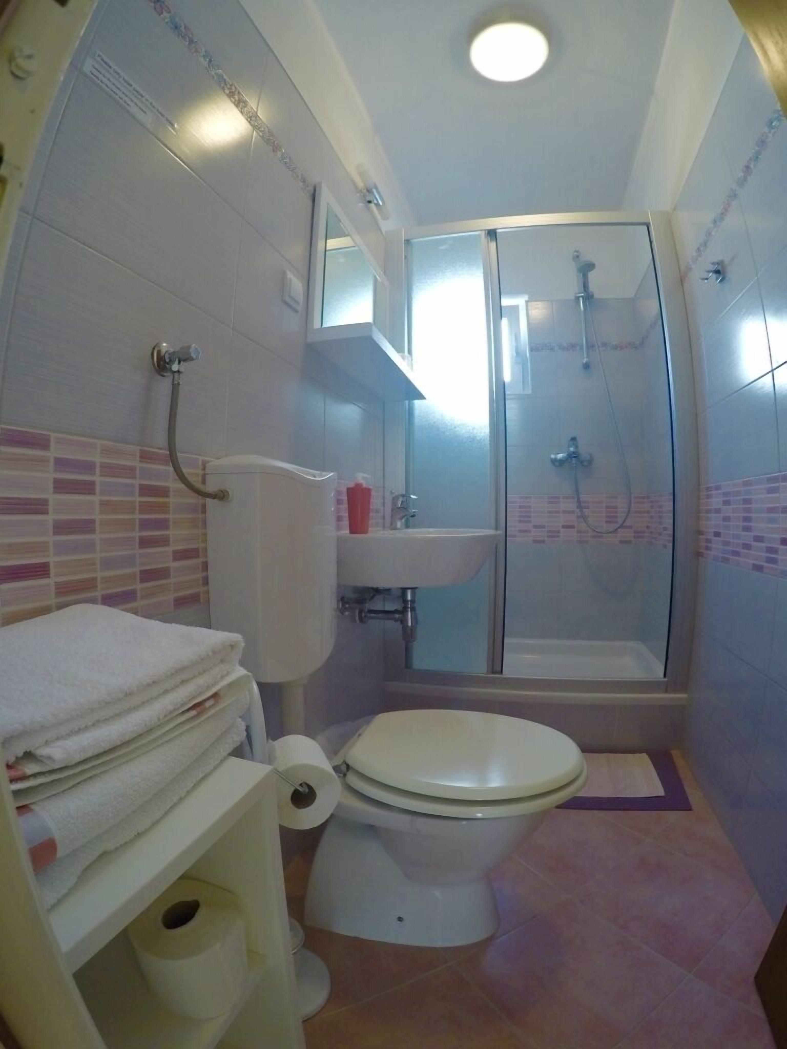 Une salle de bain avec des toilettes, un lavabo et une douche.
