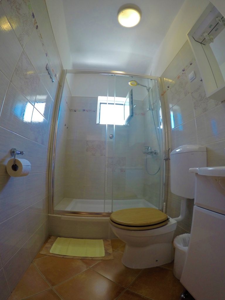 A bathroom with a glass-enclosed shower, a toilet, and a roll of toilet paper on the wall.