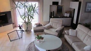 Flat-screen TV, fireplace