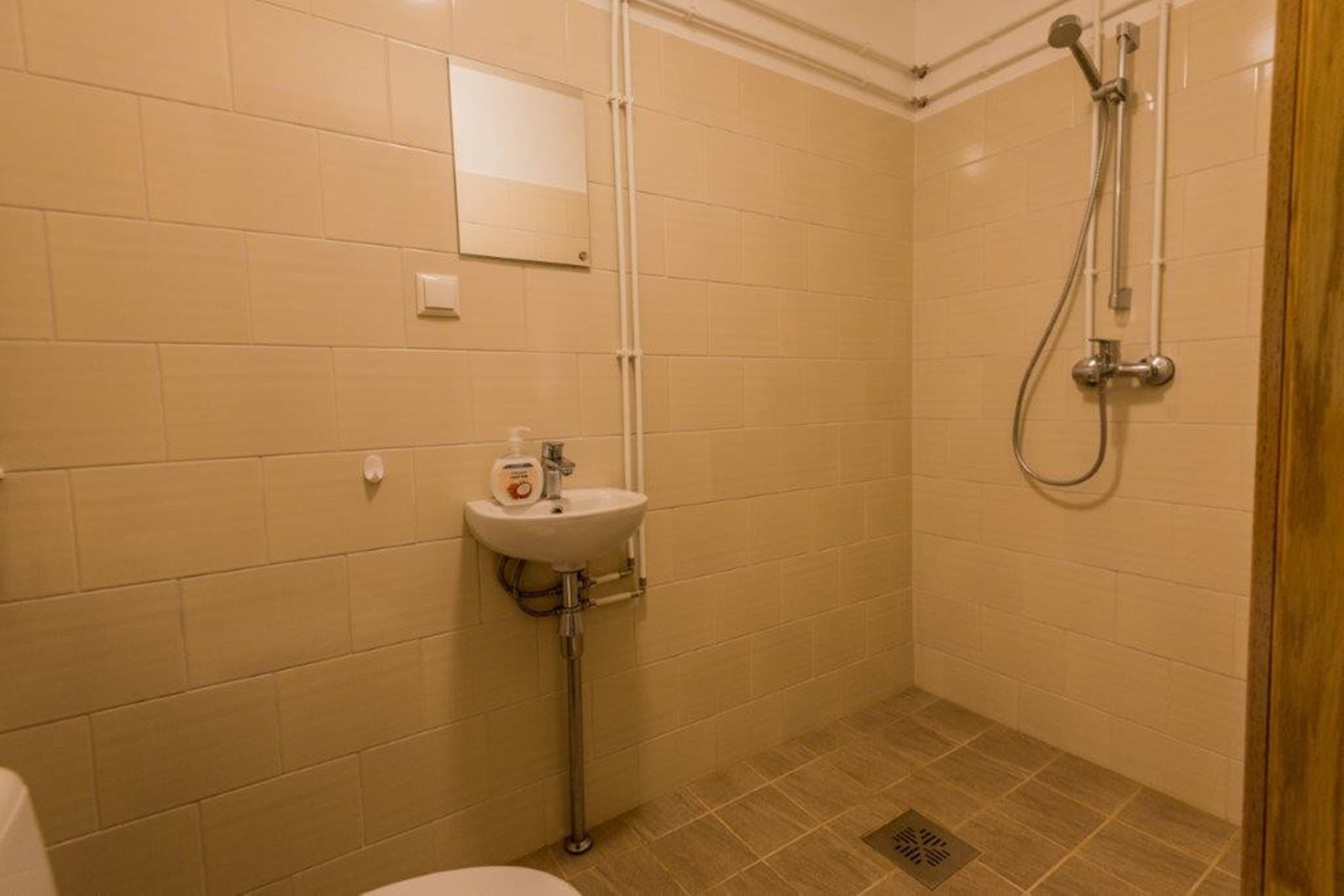 Une petite salle de bain avec un lavabo blanc, un miroir et une douche.
