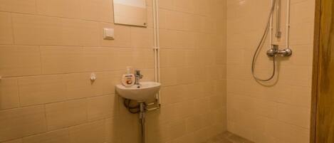 Une petite salle de bain avec un lavabo blanc, un miroir et une douche.
