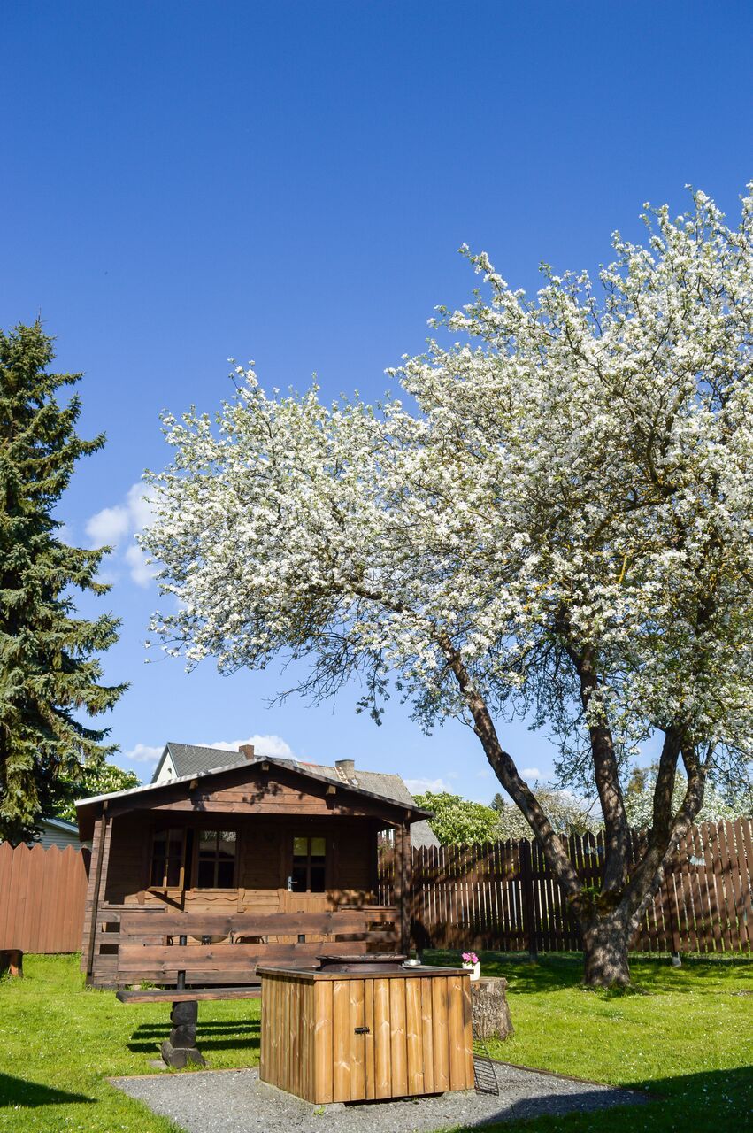 Una cabaña de madera con un porche, un jacuzzi y un árbol en flor al fondo.