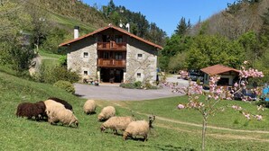 Ein Steinhaus mit Balkon, umgeben von einer Wiese und weidenden Schafen.