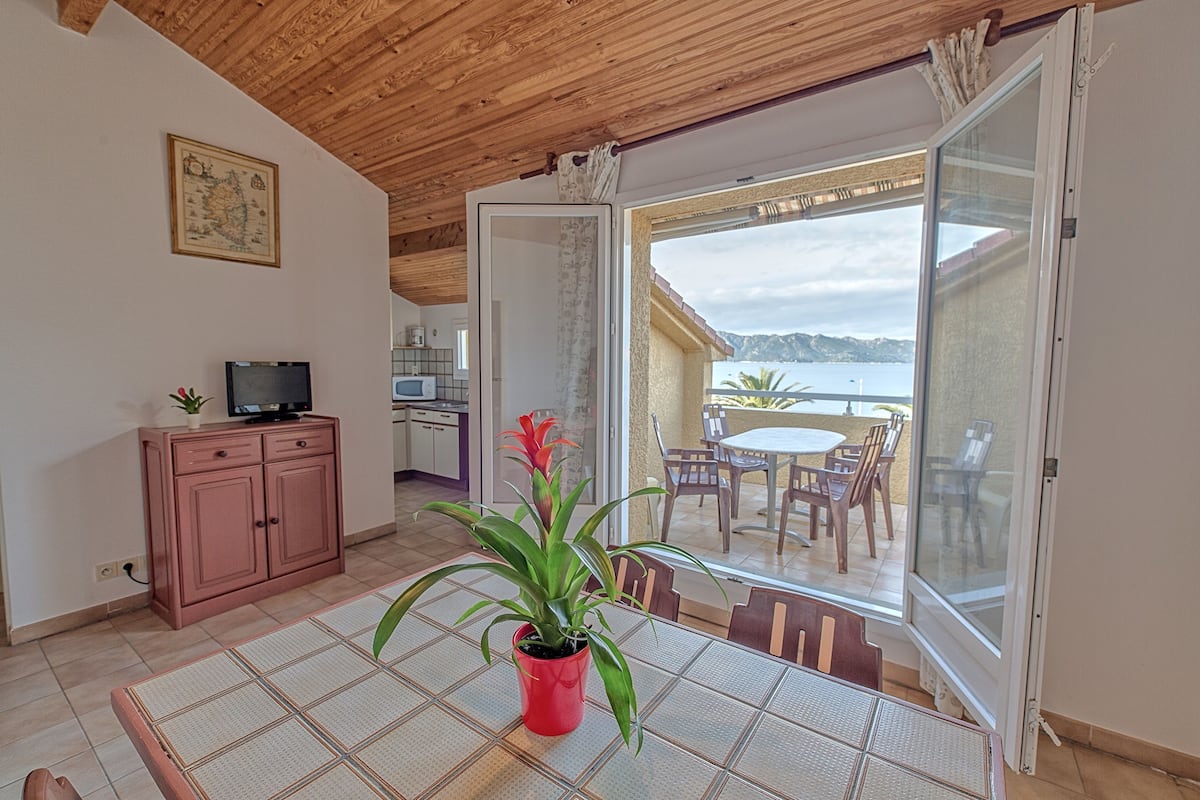 A room with a dining table, a potted plant, a television on a cabinet, and a sliding glass door leading to an outdoor patio with a view of the sea.