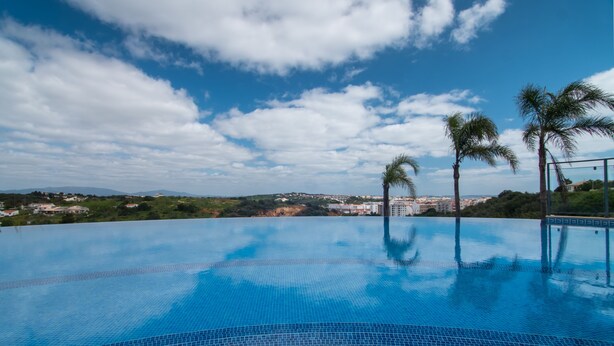 Ein klares, blaues Infinity-Pool mit Blick auf eine Skyline und Palmen.