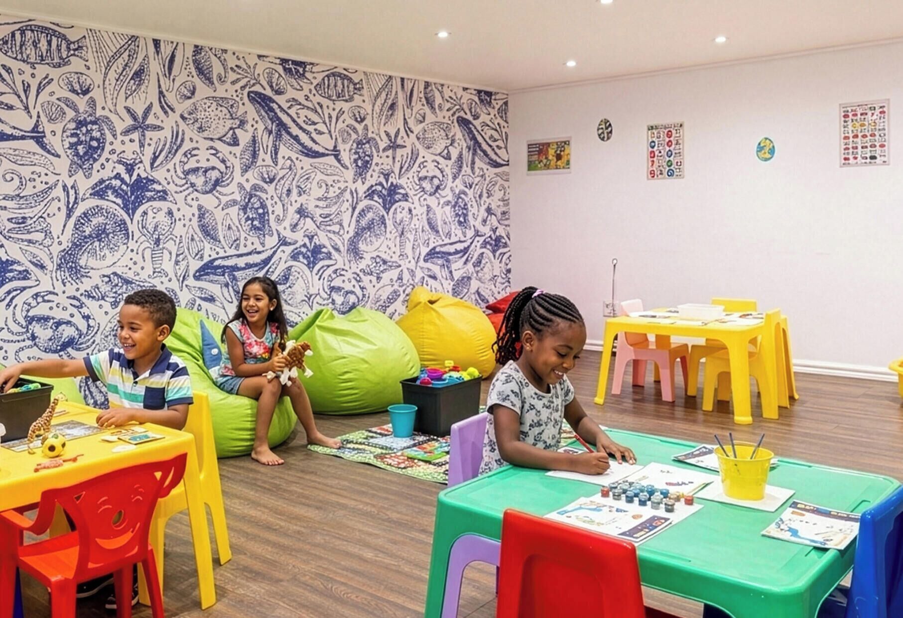 A children's playroom with colorful furniture and educational materials.