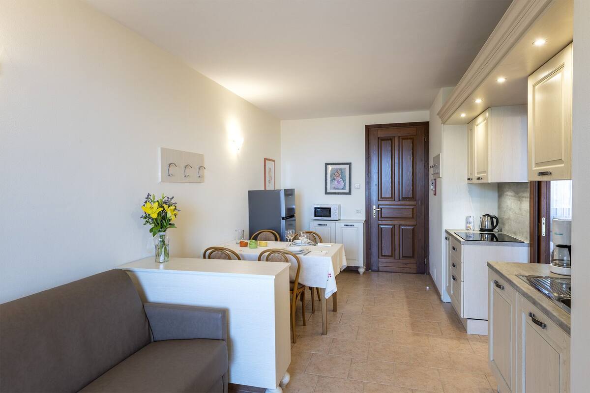 A compact living space with a dining area, kitchenette, and a sofa.