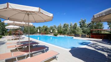 Seasonal outdoor pool, an infinity pool, pool umbrellas, pool loungers