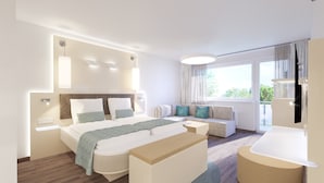 Quarto de hotel moderno com uma cama grande, um sofá, uma escrivaninha e um banheiro.