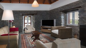 Una sala de estar con paredes de piedra, un sofá, una silla, un televisor y una chimenea.