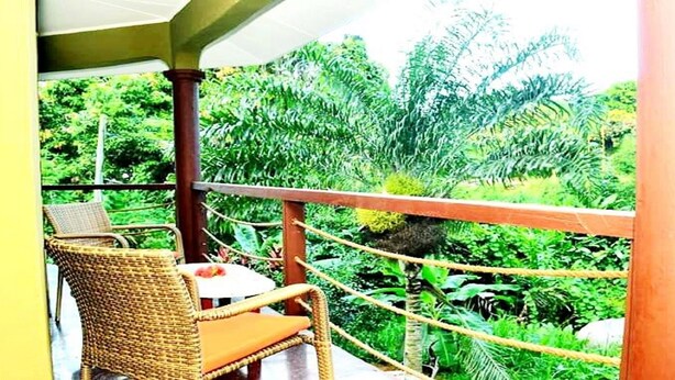 A balcony with wicker furniture and a view of lush greenery. - La Nature Apartments (Mahé Island)