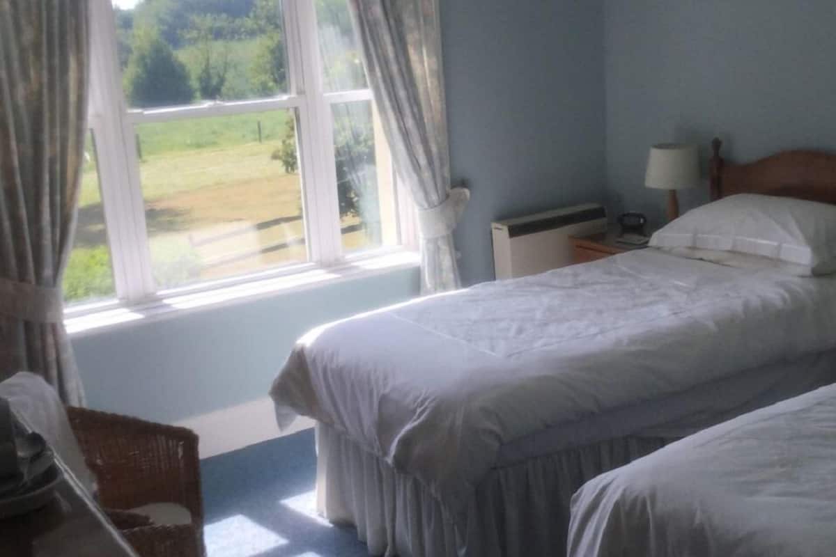 Un dormitorio con dos camas, una ventana con cortinas, una mesita de noche con lámpara y vistas a un paisaje verde.