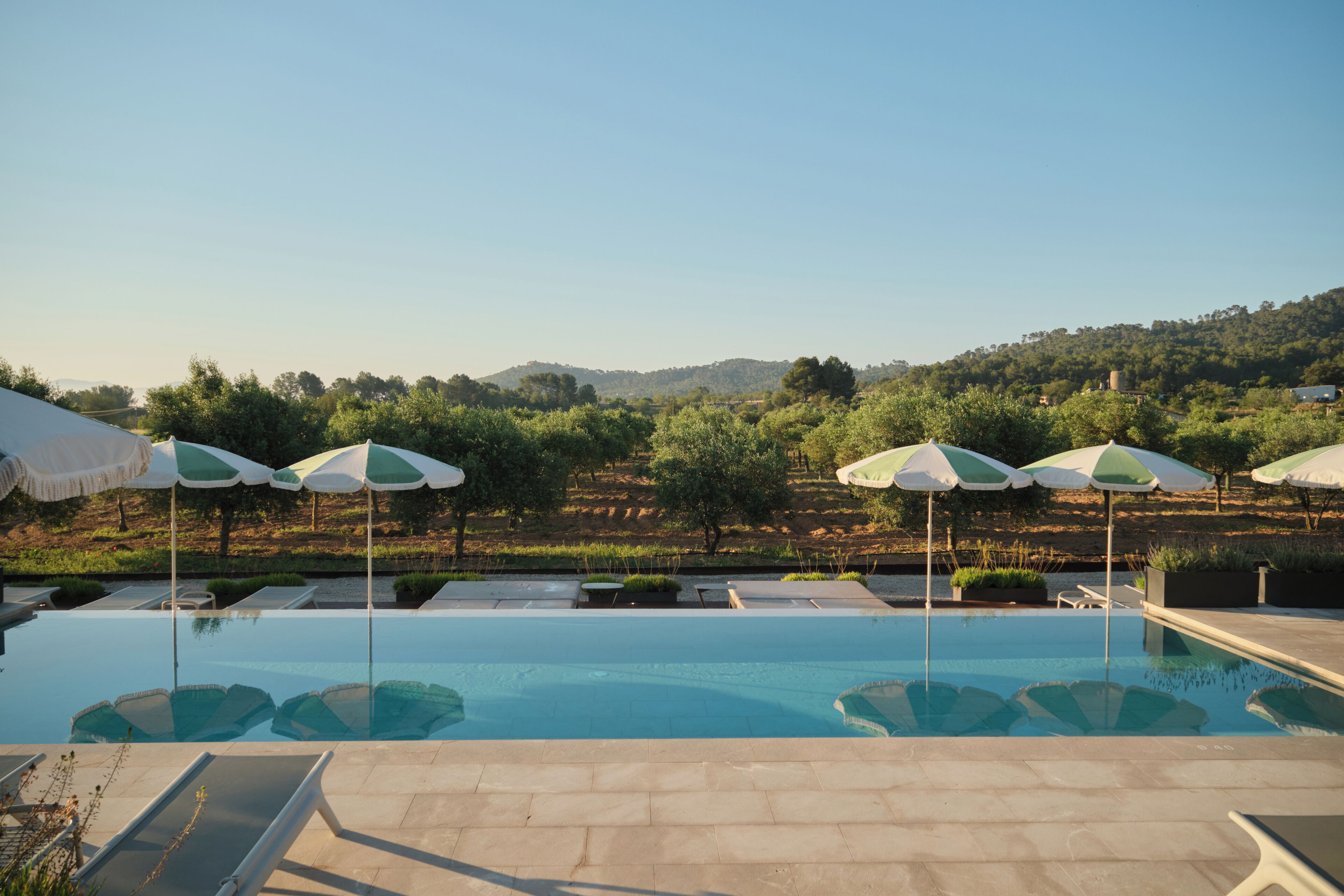 Un área de piscina con sillones de descanso y sombrillas, rodeada de vegetación y colinas.