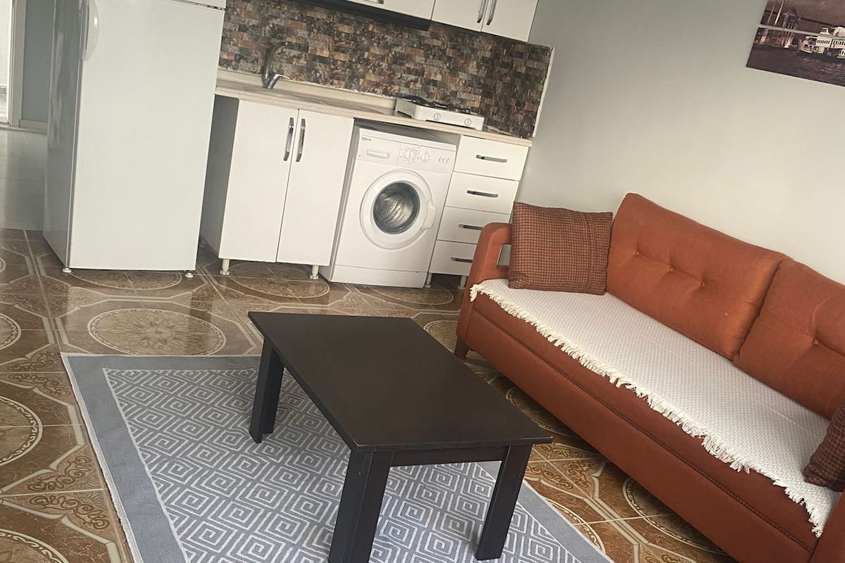 A compact living space with a sofa, a coffee table, a washing machine, and a refrigerator.
