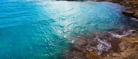 Un paysage côtier avec une eau turquoise limpide et un terrain rocheux.