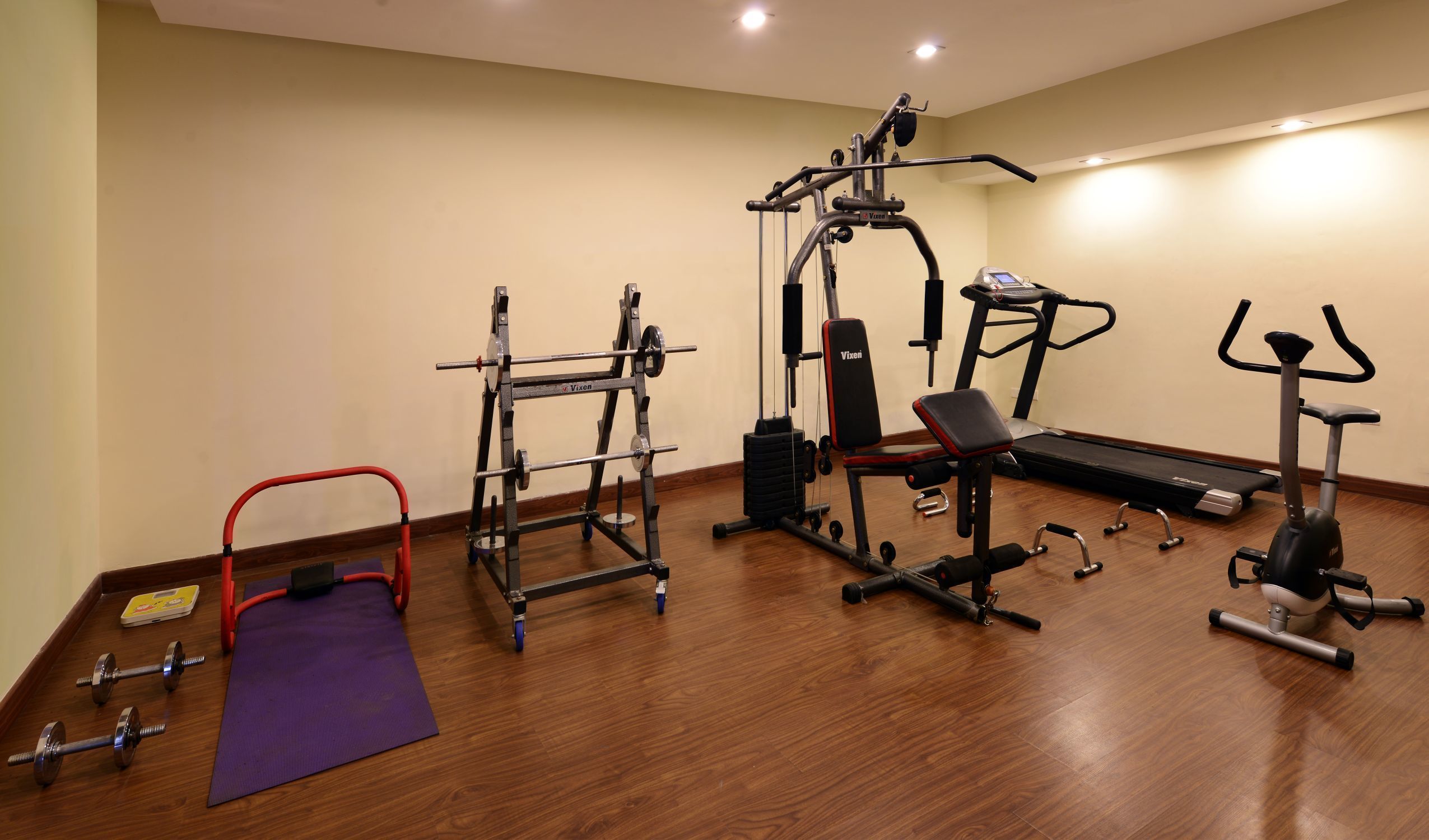 A home gym with a bench press, a squat rack, a treadmill, and a stationary bike.