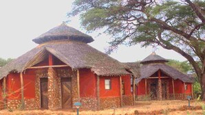 Una casa tradicional con techo de paja y fachada roja, rodeada de hierba seca y un gran árbol.