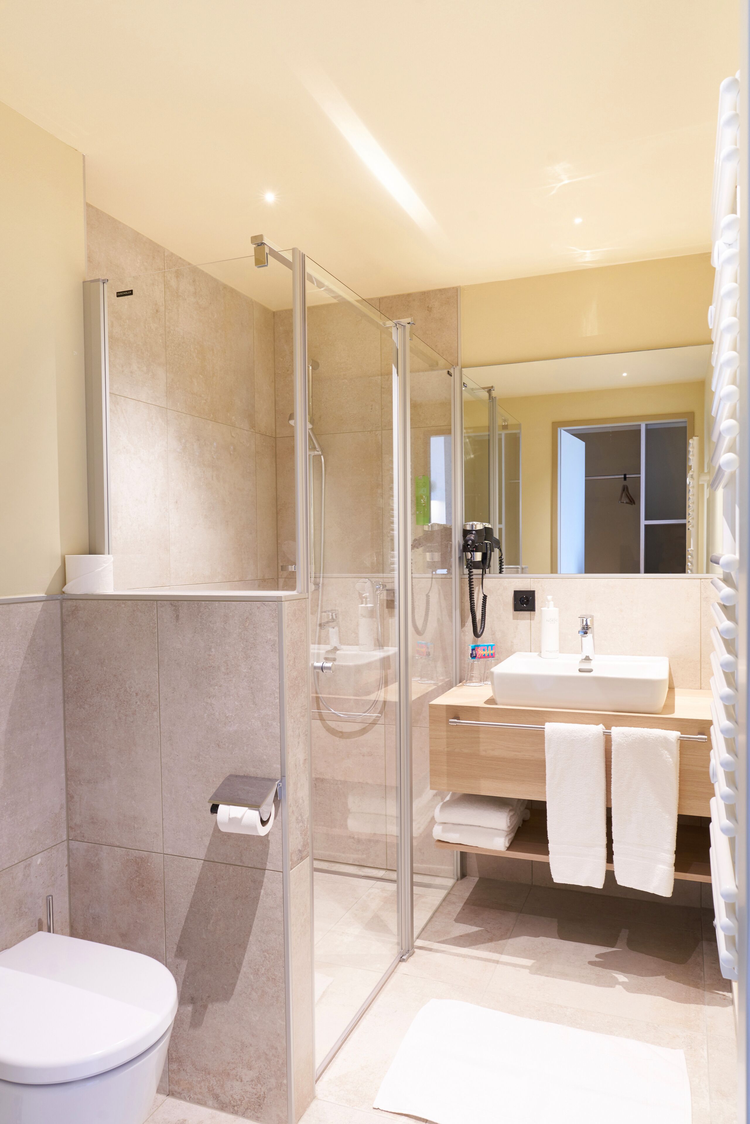 shower, free toiletries, hair dryer, towels