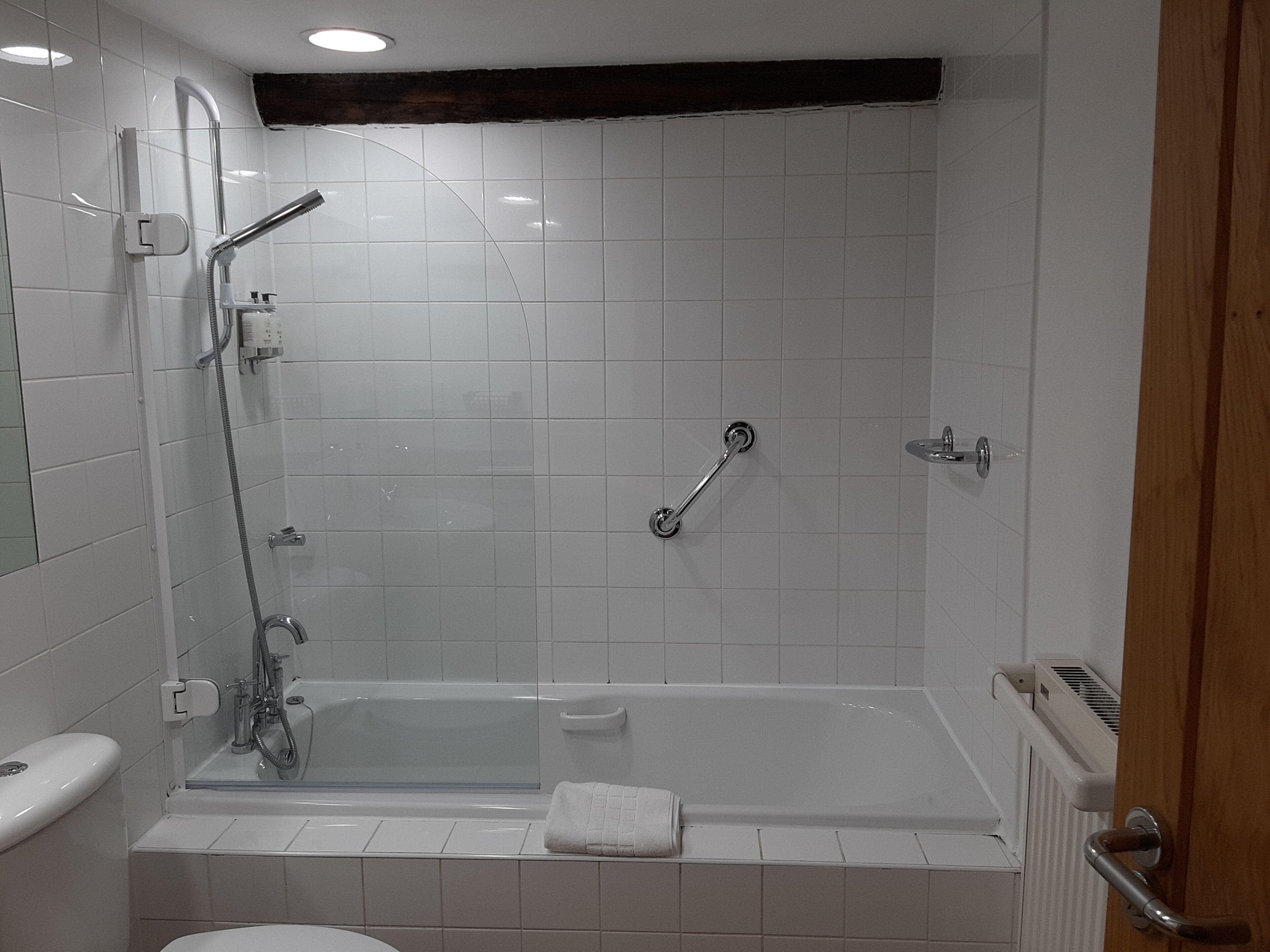 A bathroom with a bathtub, a shower, and a toilet.