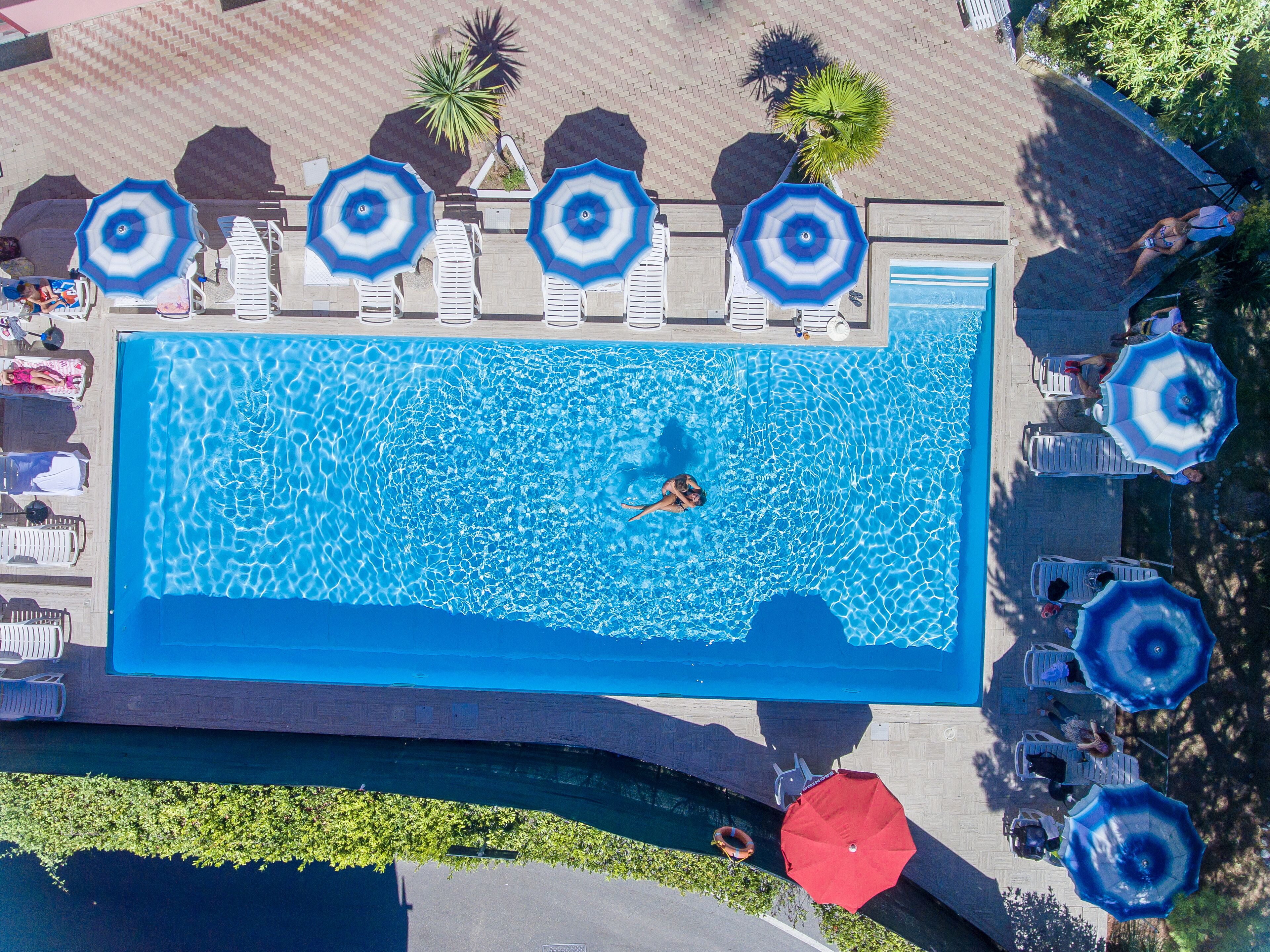 Vista aérea de una piscina con sillas de descanso y sombrillas.