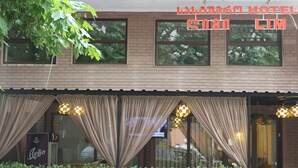 A hotel with a brick facade, large windows with curtains, and hanging lights. - Hotel Lim (Batumi)